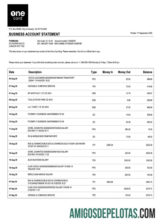 Baixável USA 1One Card Enterprise Statement modelo Word e PDF